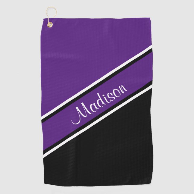 Serviette De Golf Nom du script de bande diagonale noire violette ro (Devant)