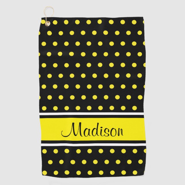 Serviette De Golf Nom du script de la bande de points Polka jaune br (Devant)