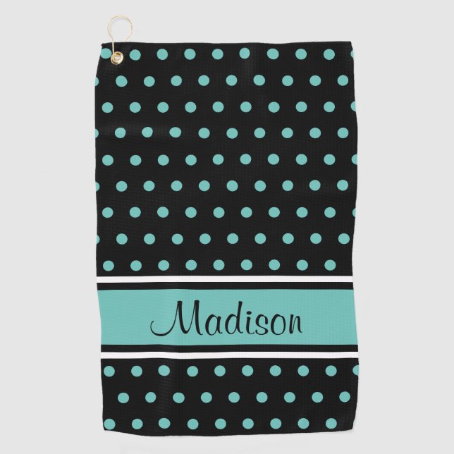 Serviette De Golf Nom du script de la bande de points Polka Turquois (Devant)