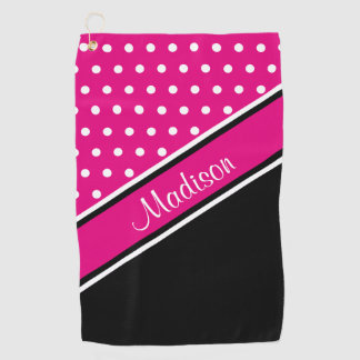Serviette De Golf Nom du script diagonal noir de point Polka rose ch