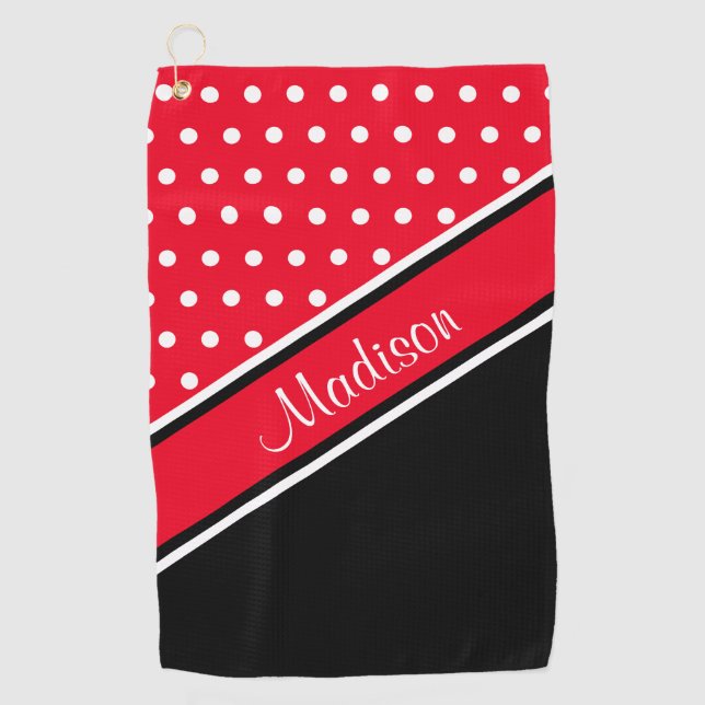 Serviette De Golf Nom du script diagonal noir de point Polka rouge (Devant)