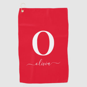 Serviette De Golf Nom du script Monogramme Personnalisé Rouge Et Bla