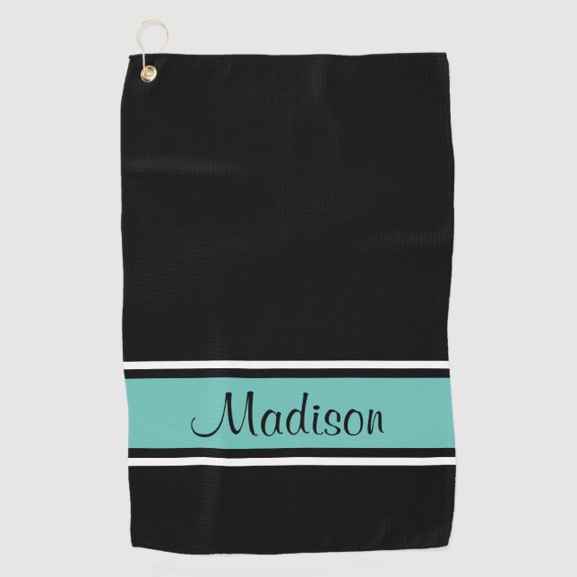 Serviette De Golf Nom du script Turquoise de bande de lumière noire (Devant)