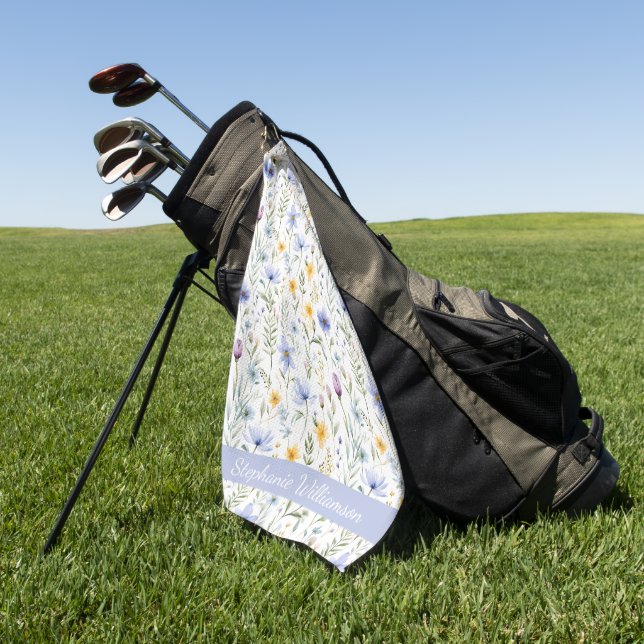 Serviette De Golf Nom élégant de fleur sauvage aquarelle bleu violet (Vert)