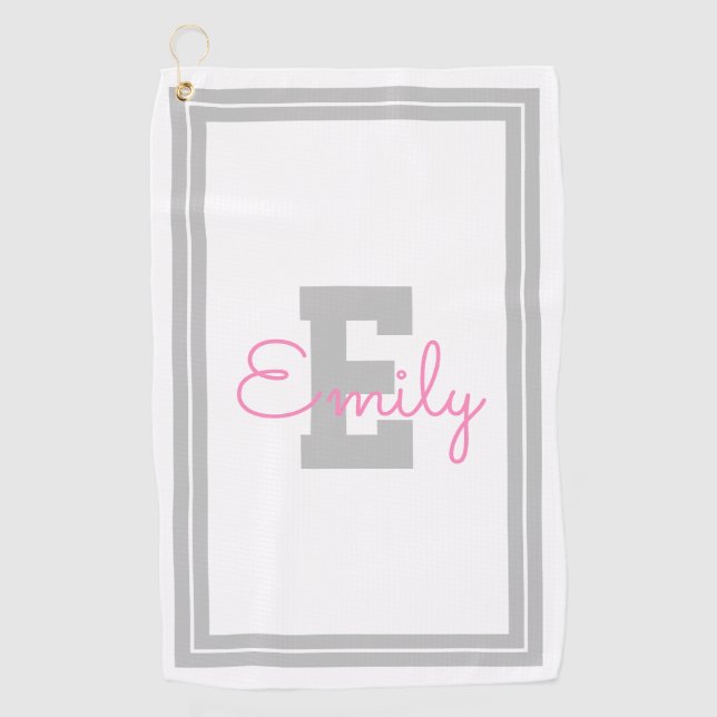 Serviette De Golf Nom encadré & monogramme | Gris clair & Rose (Devant)