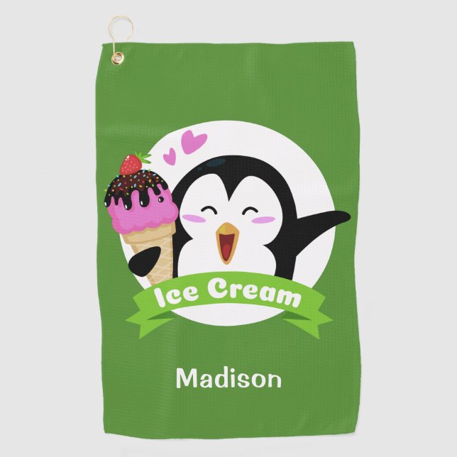 Serviette De Golf Nom et couleur personnalisés Ice Cream Penguin ser (Devant)