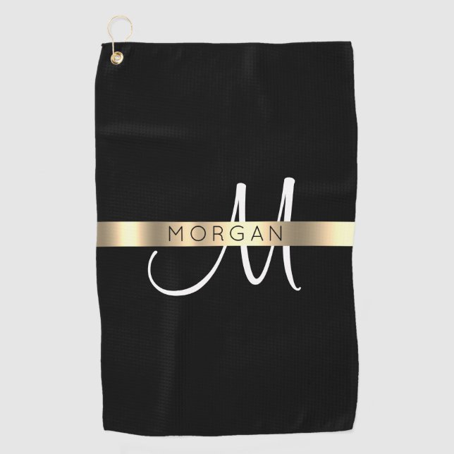 Serviette De Golf Nom et grand monogramme, blanc noir or (Devant)