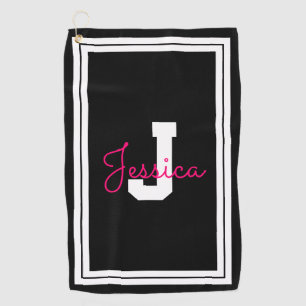 Serviette De Golf Nom et monogramme encadrés Blanc noir et rose