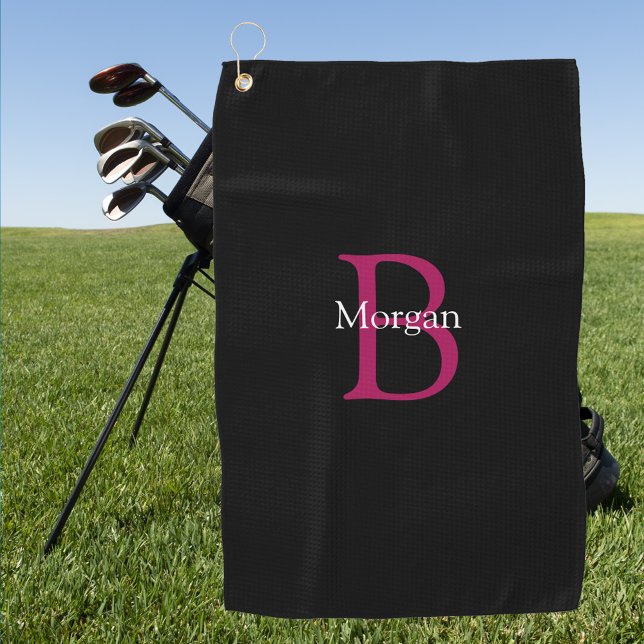 Serviette De Golf Nom et monogramme sur fond noir (Créateur téléchargé)