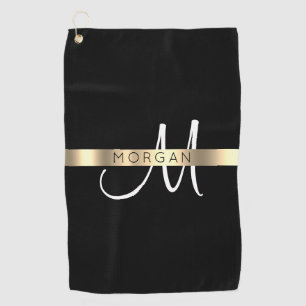 Serviette De Golf Nom & Grand Monogramme, Or noir blanc