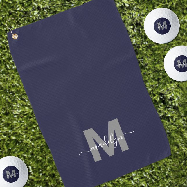 Serviette De Golf Nom initial bleu marine Monogramme (Navy Blue Initial Name Monogram Golf Towel )