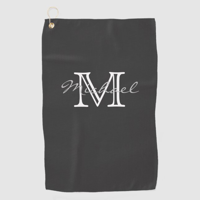 Serviette De Golf Nom minimal élégant et Monogramme gris foncé (Devant)