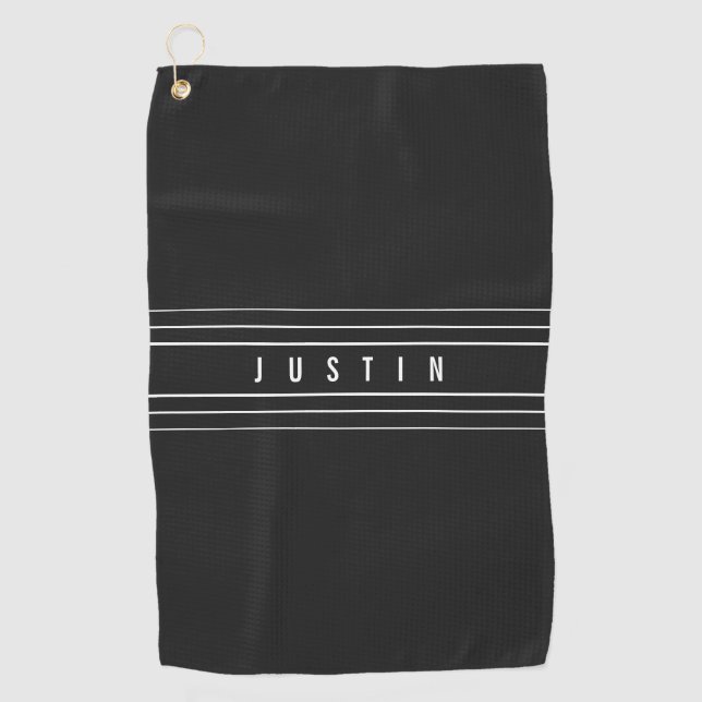 Serviette De Golf Nom modifiable et bandes géométriques | Noir et bl (Devant)