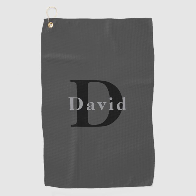 Serviette De Golf Nom & Monogramme | Gris foncé (Devant)