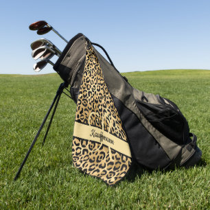Serviette De Golf Nom Monogramme Imprimé Léopard Noir Or Cheetah