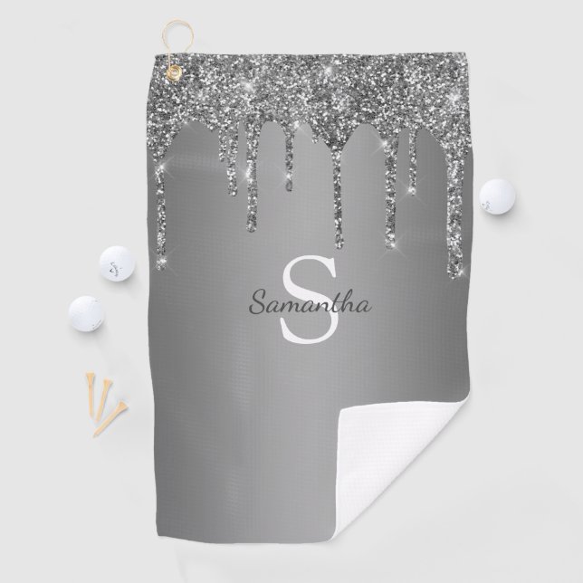 Serviette De Golf Nom Monogramme Paillettes Argentées (En situation)