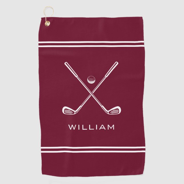 Serviette De Golf Nom personnalisé Burgundy Red Stripes élégant (Devant)