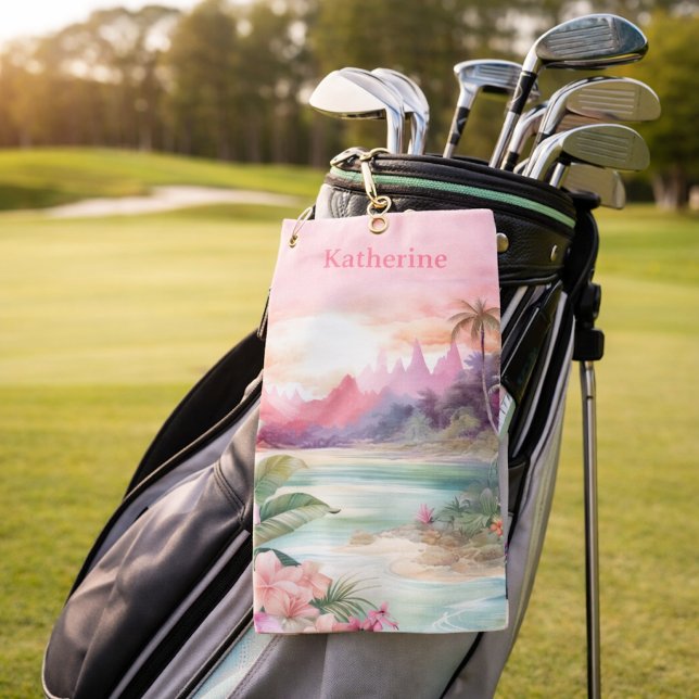 Serviette De Golf Nom personnalisé de plage tropicale rose (Créateur téléchargé)
