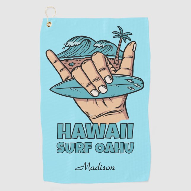 Serviette De Golf Nom personnalisé et surf Shaka de localisation (Devant)