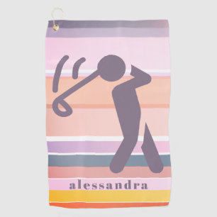 Serviette De Golf Nom Personnalisé Fun Cute Girl Pastel Stripes Purp
