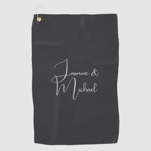 Serviette De Golf Noms de couple écriture main noir mat Mariage (Devant)