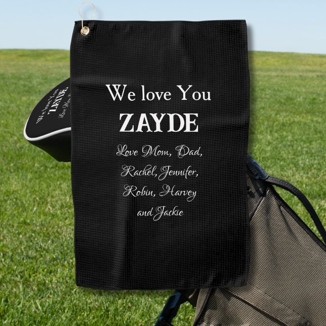Serviette De Golf Nous t'aimons ZAYDE Cadeau Juif Grandpa Noms des e (We Love You ZAYDE - Gift for Jewish Grandpa with Family/Kids Names Golf Towel.)