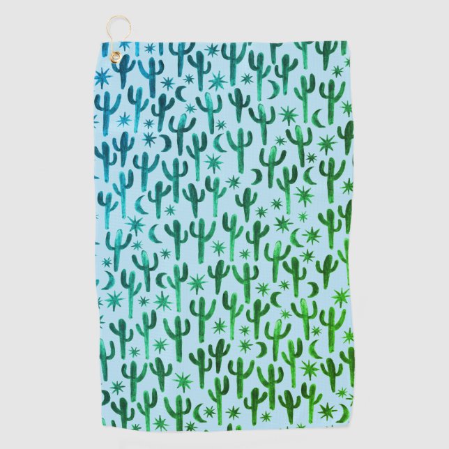 Serviette De Golf Nuit Désert Saguaro Cactus Aquarelle Ombre Vert (Devant)