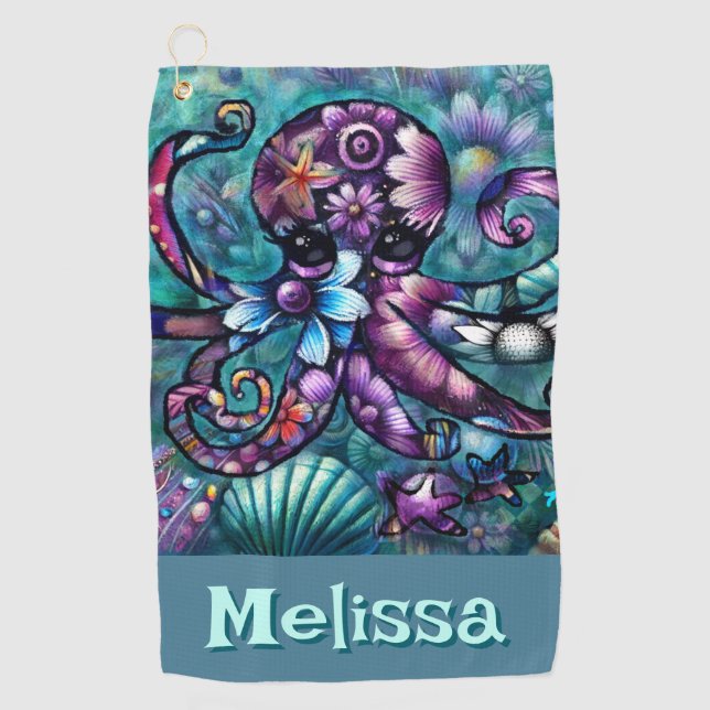 Serviette De Golf Octopus lunaire Turquoise floral côtier Personnali (Devant)