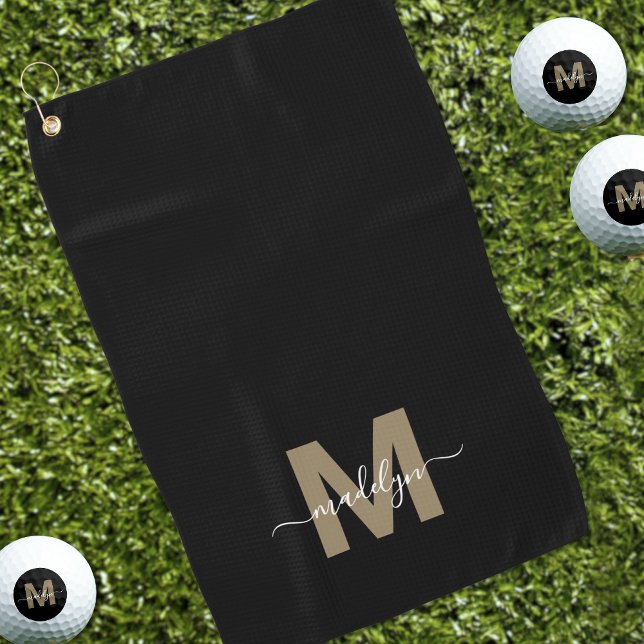 Serviette De Golf Or Noir Monogramme Nom Initial (Black Gold Initial Name Monogram Golf Towel )