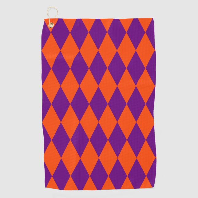 Serviette De Golf Orange and Purple Harlequin Checkered Design  (Devant)