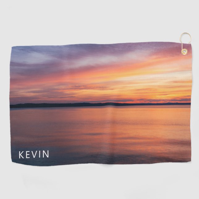 Serviette De Golf Orange Sunset Paysage Photo Avec Nom Personnalisé (Horizontal)
