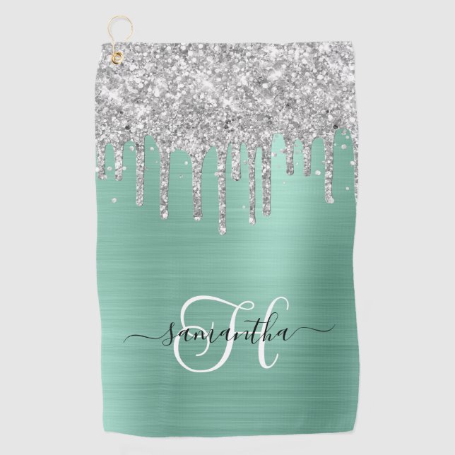 Serviette De Golf Pailleté de Teal Clair Monogrammé Argenté (Devant)