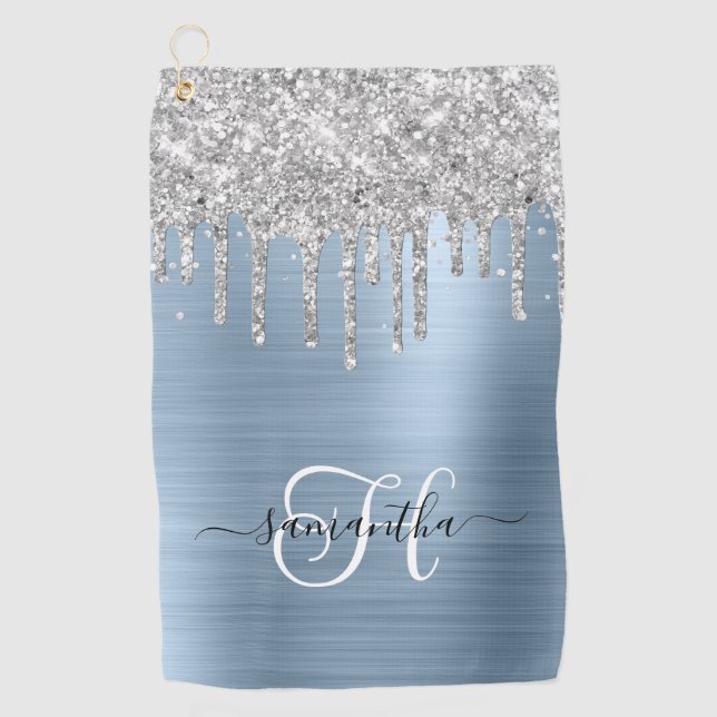 Serviette De Golf Paillettes scintillantes bleu clair et argent mono (Devant)