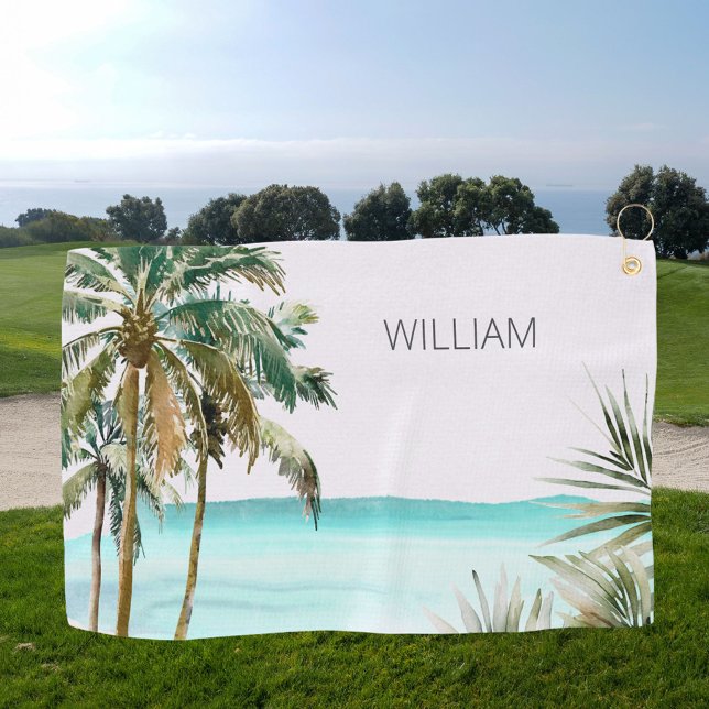 Serviette De Golf Palmier tropical Monogramme Plage Bleue Feuille (In situ)