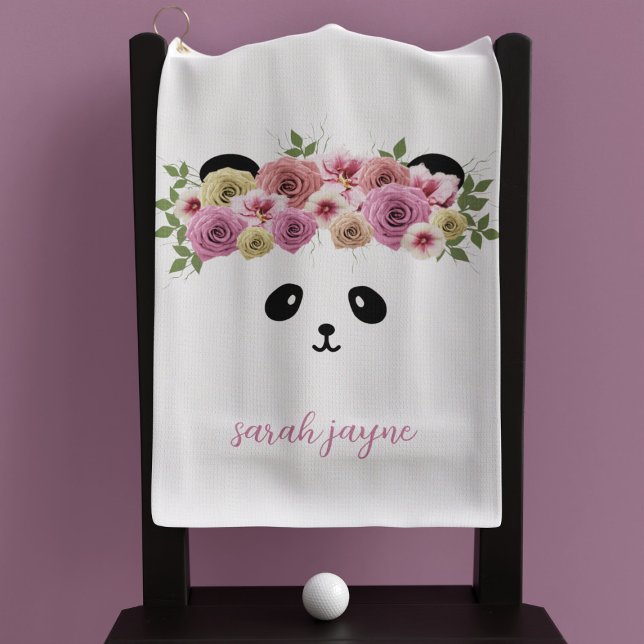 Serviette De Golf Panda Bear Visage Personnalisé Girl's White Golf T (A pretty panda bear golf towel with space for your name)