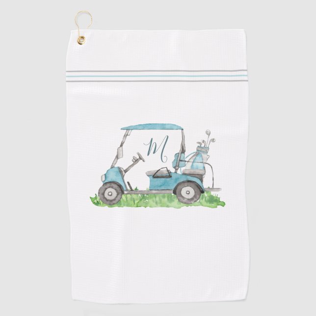 Serviette De Golf Panier de golf unique bleu Monogramme Aquarelle (Devant)