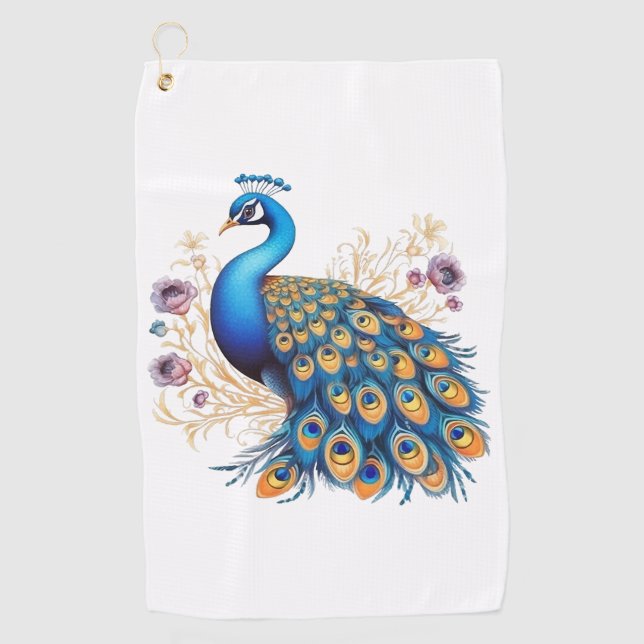 Serviette De Golf Paon avec des fleurs violettes (Devant)