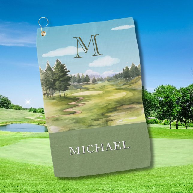 Serviette De Golf Papier aquarelle Terrain de golf Monogramme Nom (Créateur téléchargé)