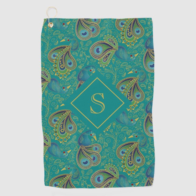 Serviette De Golf Papier Peint Royal Sarcelle Paon Monogramme (Devant)