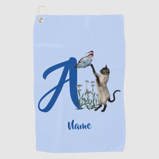Serviette De Golf Papillon de chat siamois monogramme initial A nom (Devant)