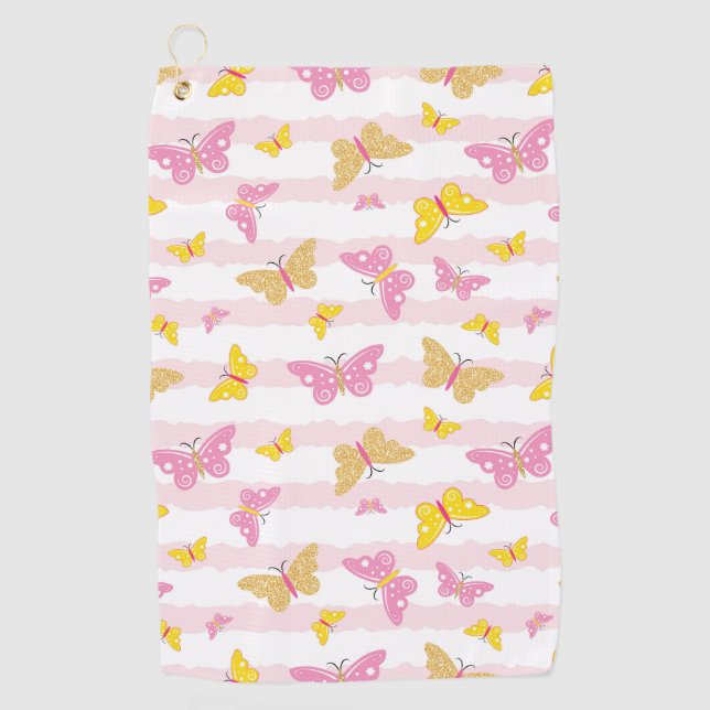 Serviette De Golf Papillon rose et or (Devant)