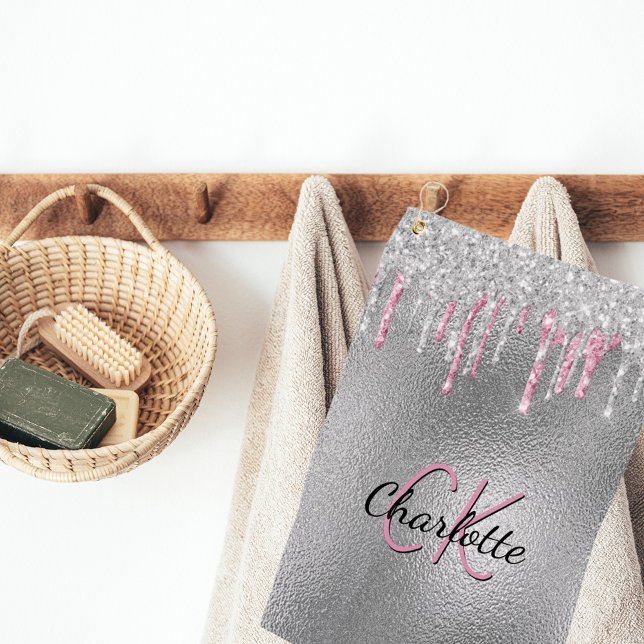 Serviette De Golf Parties scintillant argent goutte métal rose perso (Créateur téléchargé)