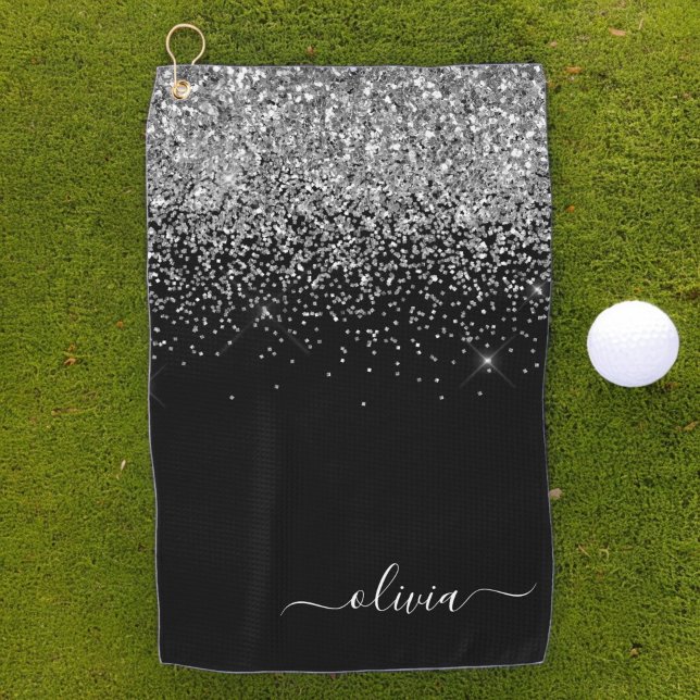 Serviette De Golf Parties scintillant d'argent noir Monogramme de fi (Créateur téléchargé)