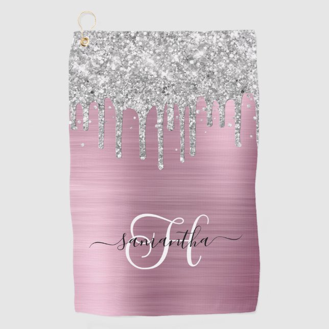 Serviette De Golf Parties scintillant de séchage monogramme rose et  (Devant)