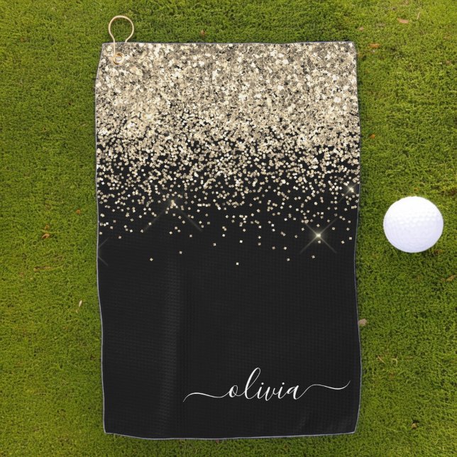 Serviette De Golf Parties scintillant d'or noir Girl Monogramme Nom (Créateur téléchargé)