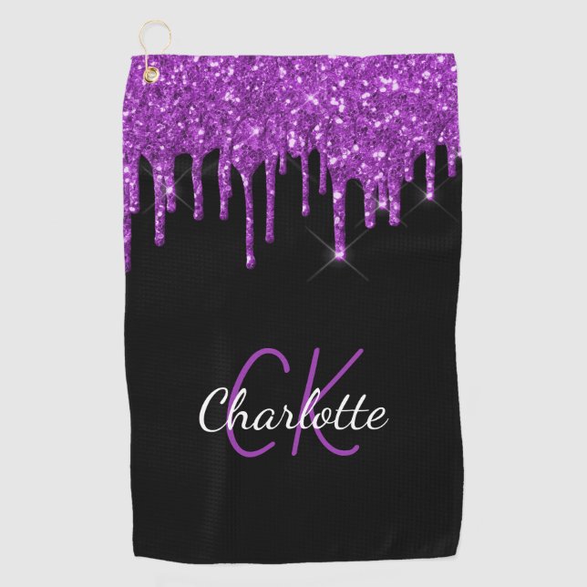 Serviette De Golf Parties scintillant violet noir gouttes nom monogr (Devant)