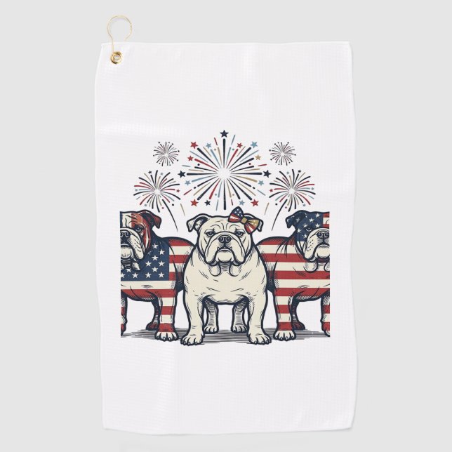 Serviette De Golf Patriotic Bulldog Fireworks Vintage Engraving Desi (Devant)