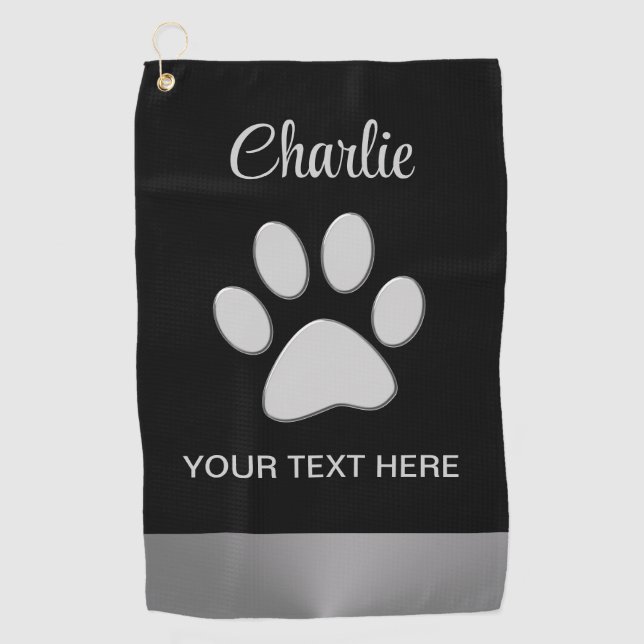 Serviette De Golf Paw Chien Argent sur arrière - plan noir (Devant)