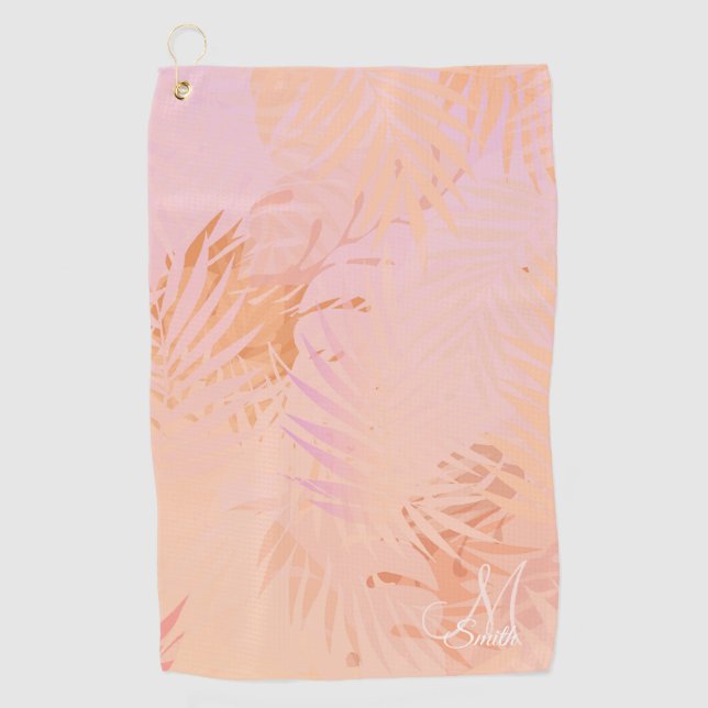 Serviette De Golf Peach Fuzz Feuilles tropicaux Monogramme personnal (Devant)