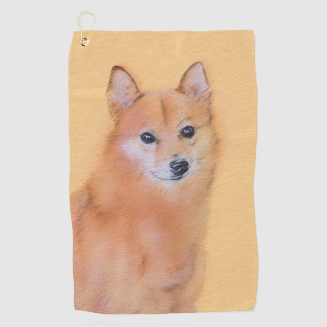 Serviette De Golf Peinture Spitz Finlandais - Art Original de Chien  (Devant)